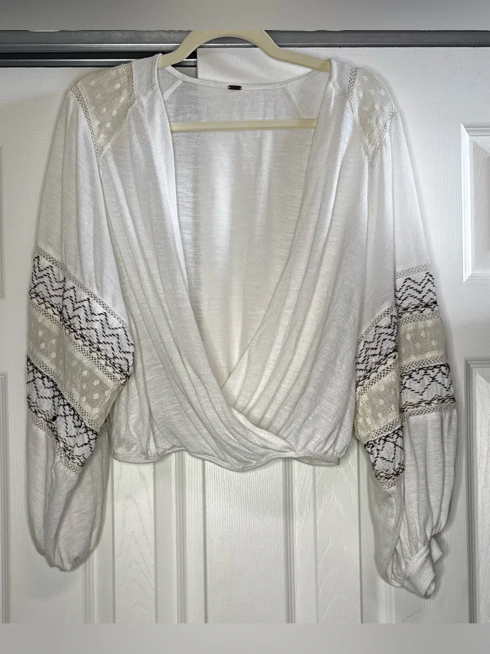Free People White with Black Embroidered Sleeves Draped V-Neck Blouse - Size M?